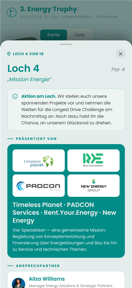 Loch-Detailseite mit Aktionen und Sponsoren-Präsentation