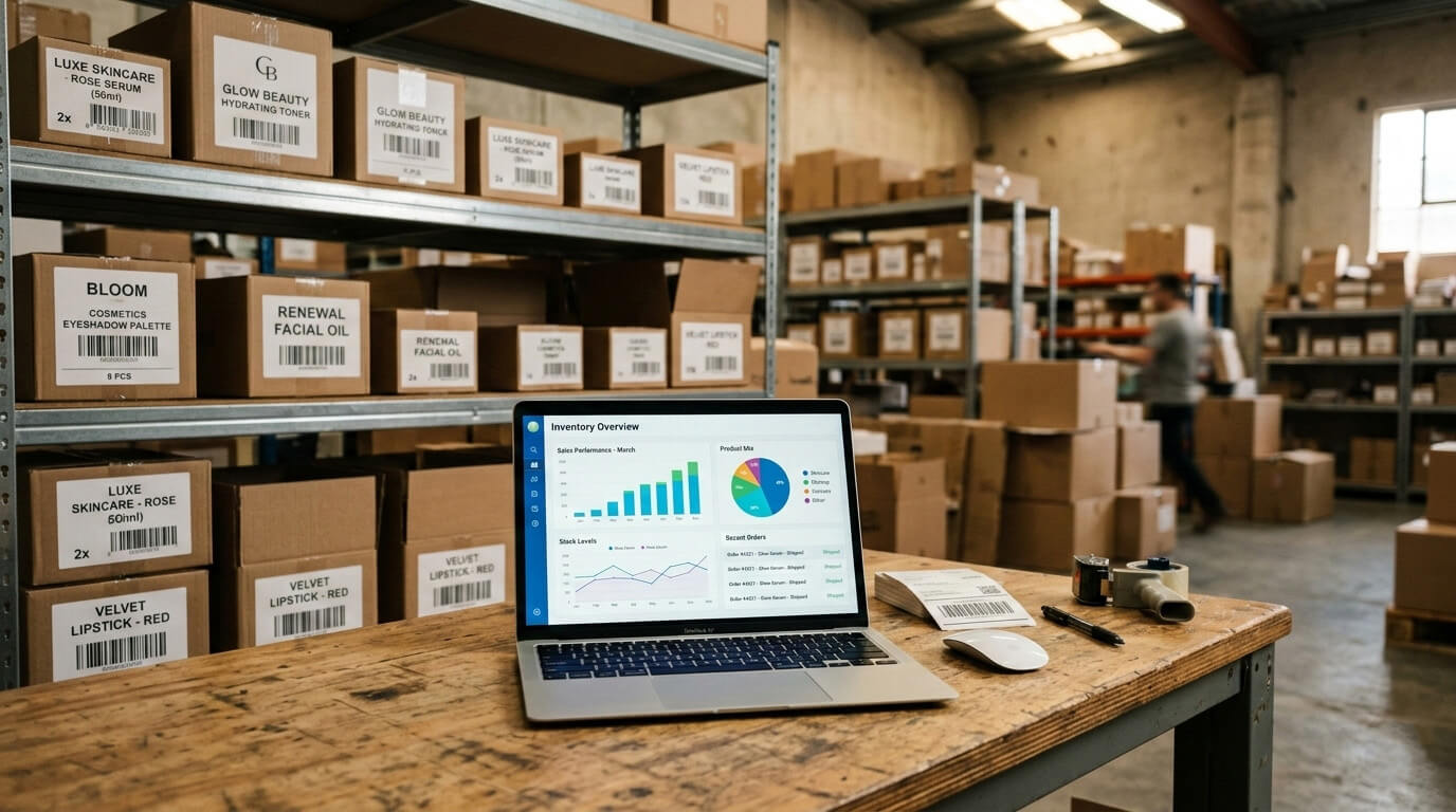 das bild zeigt einen laptop der den aktuellen bedarf bzw verkauf an produkten zeigt. der laptop steht auf einem tisch in einem lager